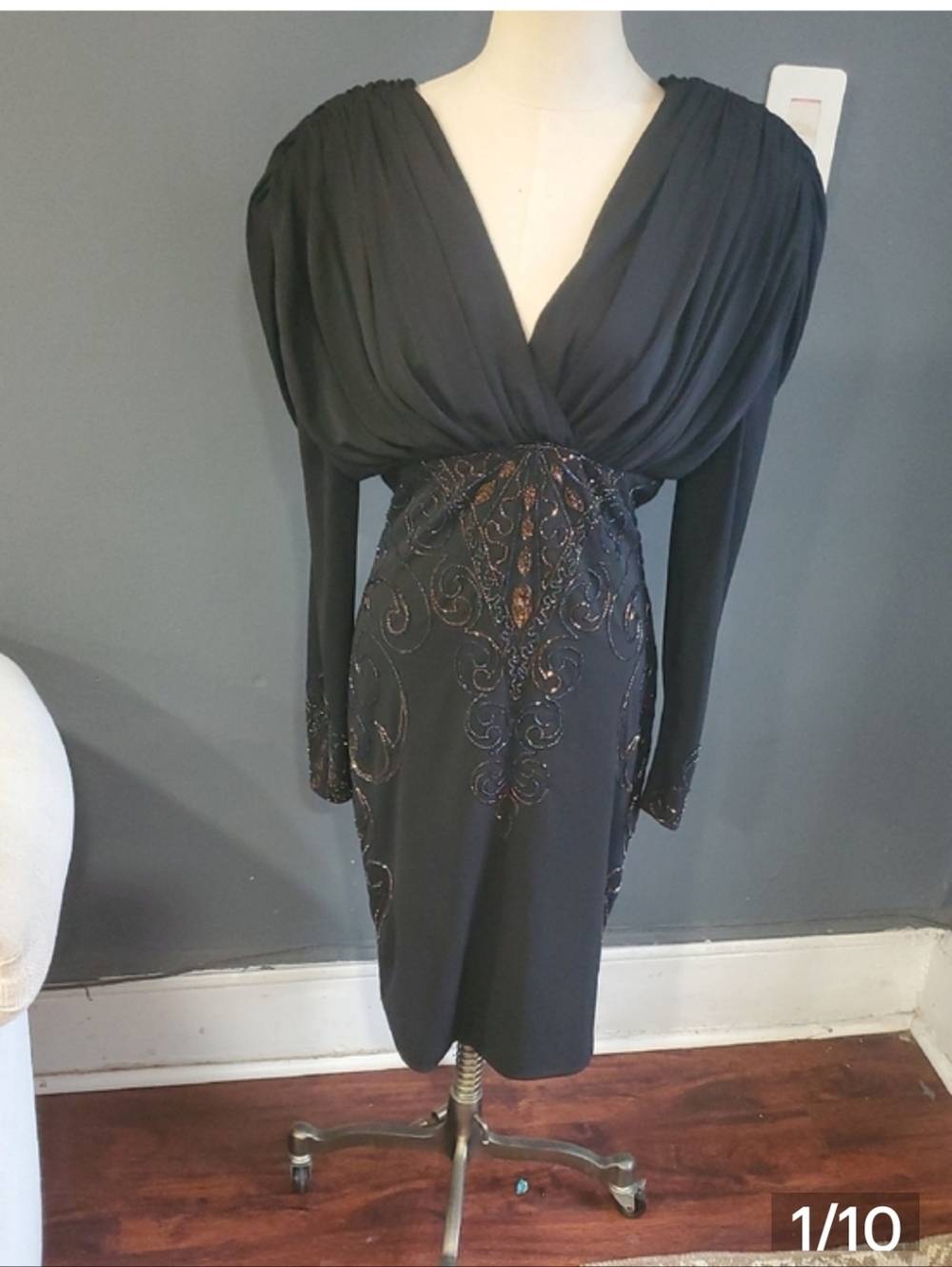 Lillie Rubin Black Long-Sleeve V-Neck Beaded Cocktail Dress - Picture 11 of 11
